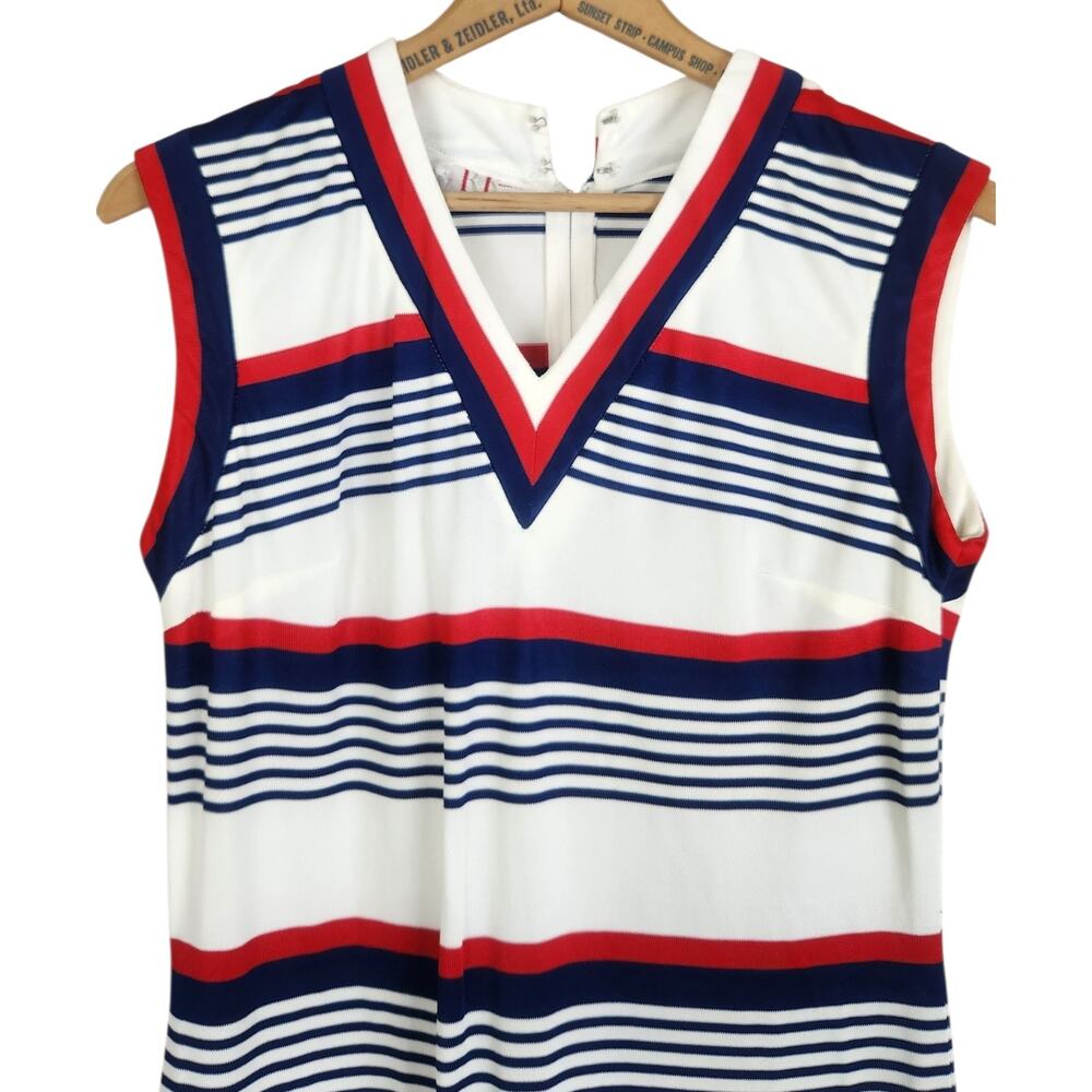 Vtg S/M Pleated Scooter Dress Tennis V-Neck Red Blue Drop Waist 60 70s Preppy - Picture 2 of 7